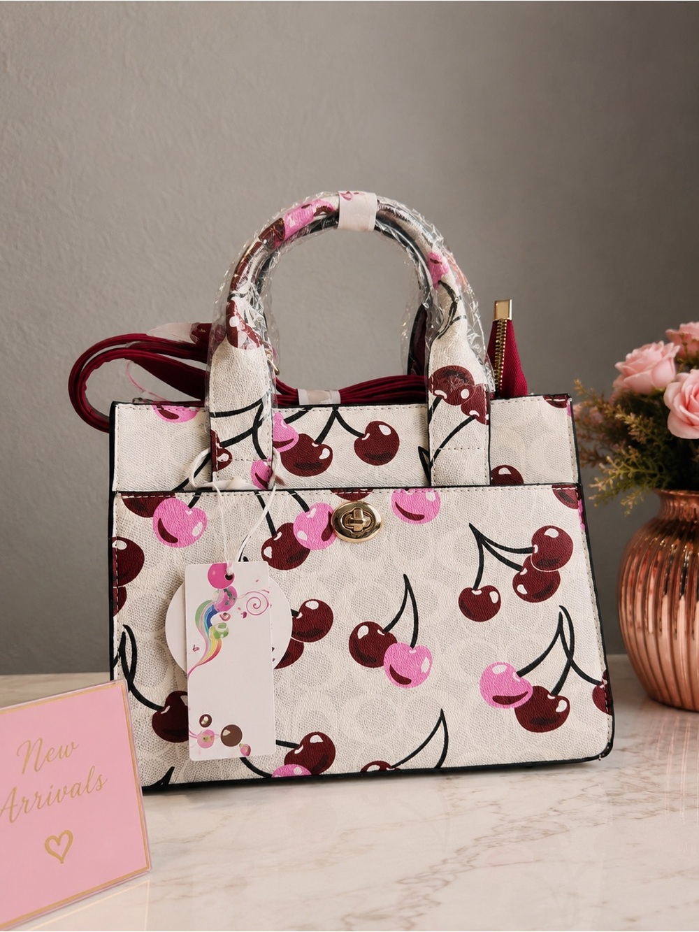 Cherry Print Top-Handle Tote Bag - White/Pink/Red